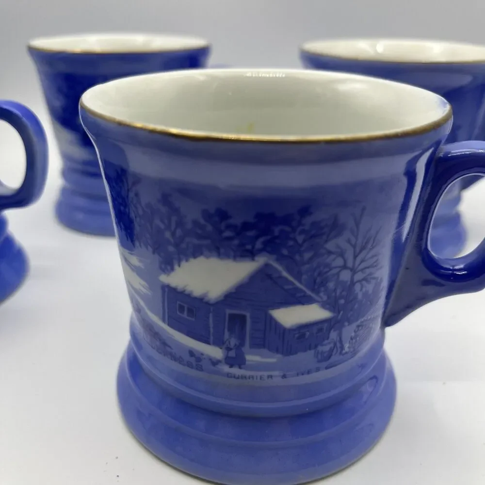 Vintage Currier And Ives Shaving Mugs Blue & White Lot of 4 Different Designs